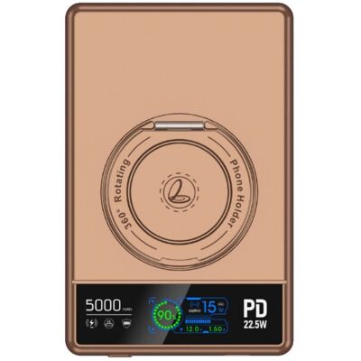 OEM UltraThin MagSafe 15W Bezdrátová powerbanka 5000 mAh s nabíjením Apple Watch a 360° otočným stojánkem, zlatá OEM UltraThin MagSafe 15W Bezdrátová powerbanka 5000 mAh s nabíjením Apple Watch a 360° otočným stojánkem, zlatá