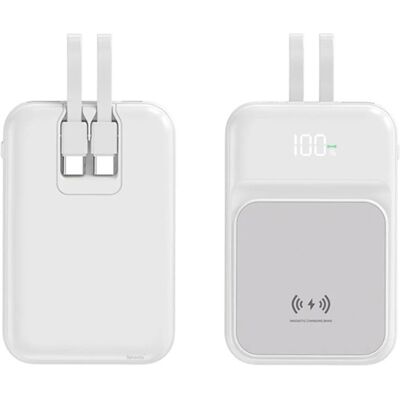 OEM Bezdrátová Powerbanka se 2 vestavěnými kabely, 5000mAh, USB-C + Lightning, 15W, bílá OEM Bezdrátová Powerbanka se 2 vestavěnými kabely, 5000mAh, USB-C + Lightning, 15W, bílá
