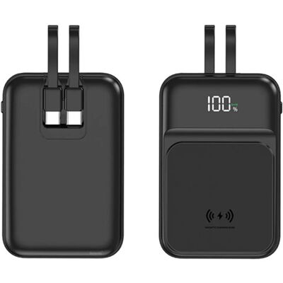 OEM Bezdrátová Powerbanka se 2 vestavěnými kabely, 5000mAh, USB-C + Lightning, 15W, černá OEM Bezdrátová Powerbanka se 2 vestavěnými kabely, 5000mAh, USB-C + Lightning, 15W, černá