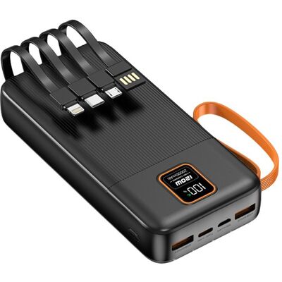 OEM Powerbanka 20000mAh se 4 vestavěnými kabely, 2x USB-A, 1x USB-C, PD 22,5W, QC 3.0, LED displej, černá OEM Powerbanka 20000mAh se 4 vestavěnými kabely, 2x USB-A, 1x USB-C, PD 22,5W, QC 3.0, LED displej, černá