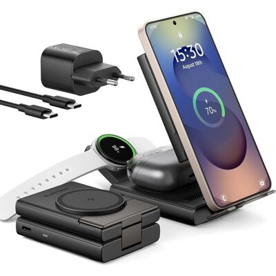 Suritch 3v1 skládací bezdrátová nabíjecí stanice pro zařízení Samsung, černá Suritch 3v1 skládací bezdrátová nabíjecí stanice pro zařízení Samsung, černá
