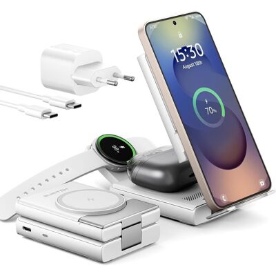 Suritch 3v1 skládací bezdrátová nabíjecí stanice pro zařízení Samsung, bílá Suritch 3v1 skládací bezdrátová nabíjecí stanice pro zařízení Samsung, bílá