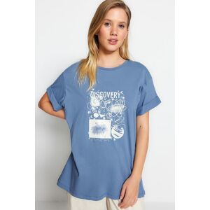 Trendyol Indigo 100% Cotton Printed Boyfriend/Wide Fit Crew Neck Knitted T-Shirt - female - modrá - XS