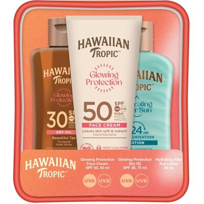 Hawaiian Tropic Glowing Protection Face Cream SPF 50 + Dry oil SPF 30 + After sun lotion cestovní set na opalování 3 ks 50 + 75 + 60 ml Hawaiian Tropic Glowing Protection Face Cream SPF 50 + Dry oil SPF 30 + After sun lotion cestovní set na opalování 3 ks 50 + 75 + 60 ml