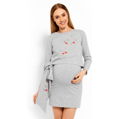 Be MaaMaa Elegantní těhotenské šaty, tunika s výšivkou a stuhou, L/XL - sv. šedé (kojící) Be MaaMaa Elegantní těhotenské šaty, tunika s výšivkou a stuhou, L/XL - sv. šedé (kojící)
