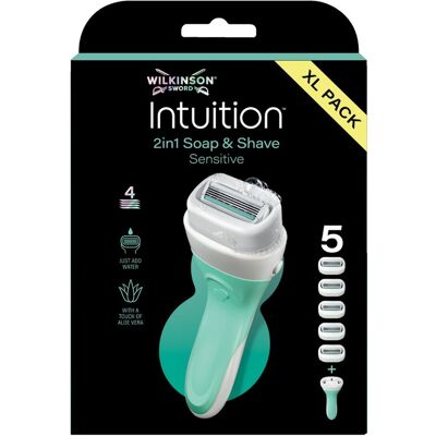 Wilkinson Intuition 2v1 Soap & Shave Sensitive strojek + hlavice 5 ks Wilkinson Intuition 2v1 Soap & Shave Sensitive strojek + hlavice 5 ks