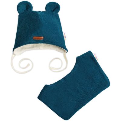 Baby Nellys Pletená čepice s bavlněnou podšívkou a šátkem 2v1, Teddy Hand made - petrolejová Baby Nellys Pletená čepice s bavlněnou podšívkou a šátkem 2v1, Teddy Hand made - petrolejová