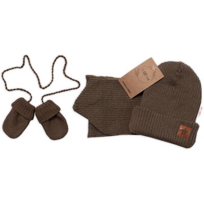 Baby Nellys Pletená čepice s šálou a rukavičky 3v1, STAR,hnědá Baby Nellys Pletená čepice s šálou a rukavičky 3v1, STAR,hnědá