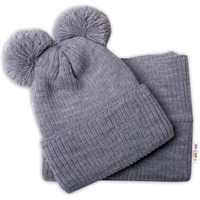 BABY NELLYS - Zimní pletená čepice + nákrčník - Šedá s bambulkami - Velikost 92-98 - Hat Set BABY NELLYS - Zimní pletená čepice + nákrčník - Šedá s bambulkami - Velikost 92-98 - Hat Set