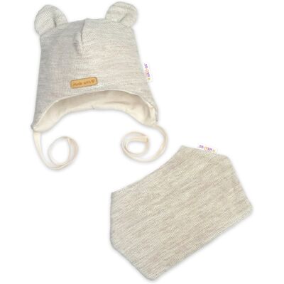 Baby Nellys Pletená čepice s šátkem 2v1, Teddy Hand made - světle béžová Baby Nellys Pletená čepice s šátkem 2v1, Teddy Hand made - světle béžová