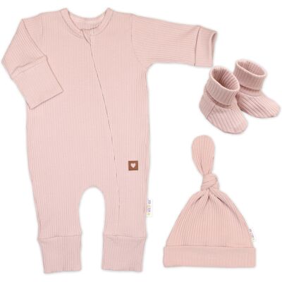 Baby Nellys Rostoucí žebrovaný overálek, čepička a botičky, 3D, Nature - pudrově růžová Baby Nellys Rostoucí žebrovaný overálek, čepička a botičky, 3D, Nature - pudrově růžová