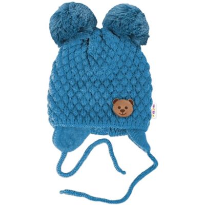 Baby Nellys Zimní pletená čepice Teddy Bear na zavazování, modrá Baby Nellys Zimní pletená čepice Teddy Bear na zavazování, modrá