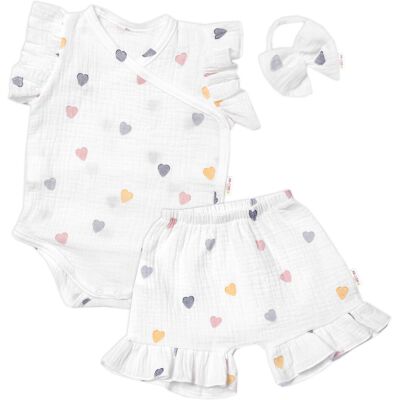 Baby Nellys Zavinovací body, kraťasky + čelenka, mušelín, Srdíčko vel. 86 Baby Nellys Zavinovací body, kraťasky + čelenka, mušelín, Srdíčko vel. 86