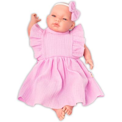 Baby Nellys 2-dílná sada mušelínové šatičky + čelenka, růžové Baby Nellys 2-dílná sada mušelínové šatičky + čelenka, růžové