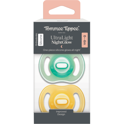 Tommee Tippee Silikonový dudlík Ultra-light Night 0-6m 2 ks oranžová a zelená Tommee Tippee Silikonový dudlík Ultra-light Night 0-6m 2 ks oranžová a zelená