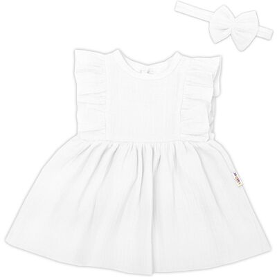Baby Nellys 2-dílná sada mušelínové šatičky + čelenka, bílé vel. 68 Baby Nellys 2-dílná sada mušelínové šatičky + čelenka, bílé vel. 68