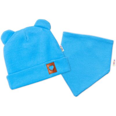 Baby Nellys Žebrovaná dvouvrstvá čepice s oušky + šátek TEDDY - modrá vel. 80/86 Baby Nellys Žebrovaná dvouvrstvá čepice s oušky + šátek TEDDY - modrá vel. 80/86