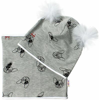 Baby Nellys Bavlněná sada čepička s tutu a nákrčník Pejsci - šedá, bílá,ekri Baby Nellys Bavlněná sada čepička s tutu a nákrčník Pejsci - šedá, bílá,ekri