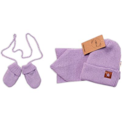 Baby Nellys Pletená čepice s šálou a rukavičky 3v1, STAR,fialová Baby Nellys Pletená čepice s šálou a rukavičky 3v1, STAR,fialová