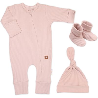 Baby Nellys Rostoucí žebrovaný overálek, čepička a botičky, pudrově růžová, vel. 86/92 Baby Nellys Rostoucí žebrovaný overálek, čepička a botičky, pudrově růžová, vel. 86/92