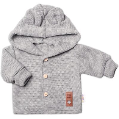 Baby Nellys Pletený svetřík s knoflíčky a kapucí s oušky, šedý,74 Baby Nellys Pletený svetřík s knoflíčky a kapucí s oušky, šedý,74