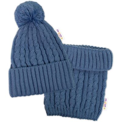 Baby Nellys 2D sada - Zimní čepice s bambulí, komín - jeans, vel. 48-52cm Baby Nellys 2D sada - Zimní čepice s bambulí, komín - jeans, vel. 48-52cm