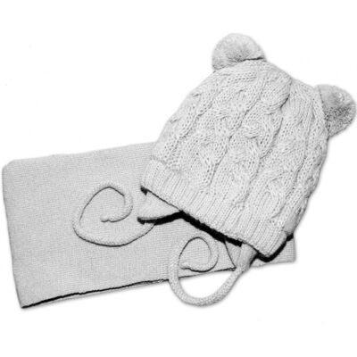 Baby Nellys Zimní kojenecká čepička s šálou 2D. TEDDY - šedá s bambulkami Baby Nellys Zimní kojenecká čepička s šálou 2D. TEDDY - šedá s bambulkami