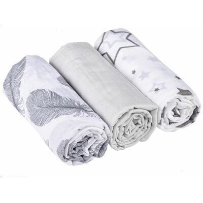 Baby Nellys Mušelínové pleny 3ks Lux - Pírka, hvězdičky, 70 x 80 cm, šedá/bílá Baby Nellys Mušelínové pleny 3ks Lux - Pírka, hvězdičky, 70 x 80 cm, šedá/bílá