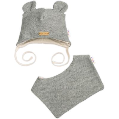 Baby Nellys Pletená čepice s bavlněnou podšívkou a šátkem 2v1, Teddy Hand made - šedá Baby Nellys Pletená čepice s bavlněnou podšívkou a šátkem 2v1, Teddy Hand made - šedá