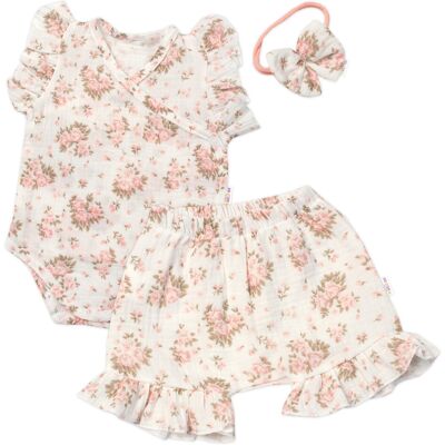 Baby Nellys Zavinovací body, kraťasky + čelenka, mušelín, Pivoňky vel. 86 Baby Nellys Zavinovací body, kraťasky + čelenka, mušelín, Pivoňky vel. 86