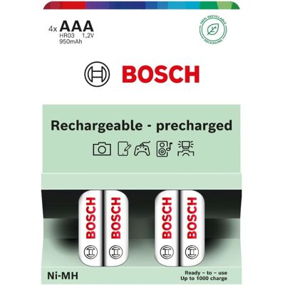 Bosch Rechargeable NiMh AAA HR03 950 mAh Precharged baterie 4 ks Bosch Rechargeable NiMh AAA HR03 950 mAh Precharged baterie 4 ks