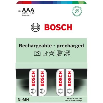 Bosch Rechargeable NiMh AAA HR03 700 mAh Precharged baterie 4 ks Bosch Rechargeable NiMh AAA HR03 700 mAh Precharged baterie 4 ks