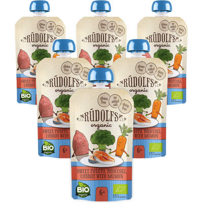 Rudolfs Batáty, brokolice, mrkev s lososem BIO kapsička 6x110 g Rudolfs Batáty, brokolice, mrkev s lososem BIO kapsička 6x110 g