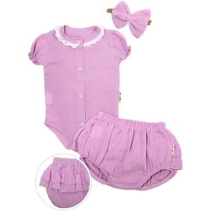 Baby Nellys 3-dílná mušelínová soupravička, body, kraťasky + čelenka GIRL, lila vel. 68 Baby Nellys 3-dílná mušelínová soupravička, body, kraťasky + čelenka GIRL, lila vel. 68