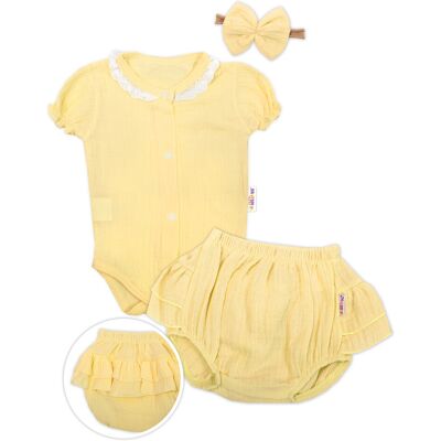 Baby Nellys 3-dílná mušelínová soupravička, body, kraťasky + čelenka GIRL, žlutá vel. 74 Baby Nellys 3-dílná mušelínová soupravička, body, kraťasky + čelenka GIRL, žlutá vel. 74