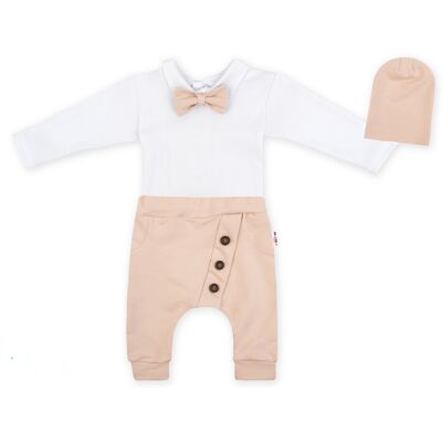 Baby Nellys 3-dílná sada Hubert, body s motýlkem, tepláčky a čepička - béžový, vel. 86 vel. 86 Baby Nellys 3-dílná sada Hubert, body s motýlkem, tepláčky a čepička - béžový, vel. 86 vel. 86