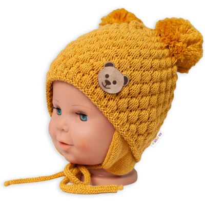 Baby Nellys Zimní pletená čepice Teddy Bear na zavazování, hořčicová, 68/80, (6-12m), Baby Nellys Zimní pletená čepice Teddy Bear na zavazování, hořčicová, 68/80, (6-12m),