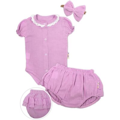 Baby Nellys 3-dílná mušelínová soupravička, body, kraťasky + čelenka GIRL, lila, vel. 62 vel. 62 Baby Nellys 3-dílná mušelínová soupravička, body, kraťasky + čelenka GIRL, lila, vel. 62 vel. 62