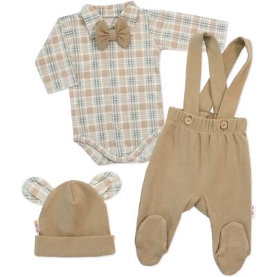 Baby Nellys Bavlněná souprava Gentleman 3D, body, polodupačky, čepička, béžová/kostička Baby Nellys Bavlněná souprava Gentleman 3D, body, polodupačky, čepička, béžová/kostička