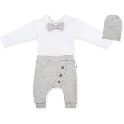 Baby Nellys 3-dílná sada Hubert, body s motýlkem dl.rukáv, tepláčky a čepička - šedý Baby Nellys 3-dílná sada Hubert, body s motýlkem dl.rukáv, tepláčky a čepička - šedý