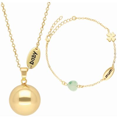 Bola Těhotenská rolnička s náramkem Nature Stone Beads and Mum / Baby Charm Gold Bola Těhotenská rolnička s náramkem Nature Stone Beads and Mum / Baby Charm Gold