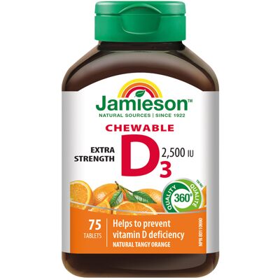Jamieson Vitamín D3 2500 IU pomeranč 75 cucacích tablet Jamieson Vitamín D3 2500 IU pomeranč 75 cucacích tablet