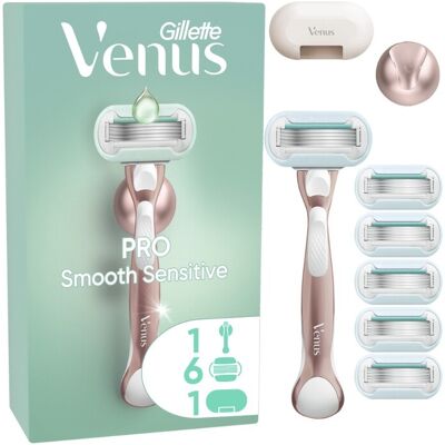 Gillette Venus Pro Smooth Sensitive holicí strojek + 6 holicích hlavic, kryt na žiletku a držáček 6 ks Gillette Venus Pro Smooth Sensitive holicí strojek + 6 holicích hlavic, kryt na žiletku a držáček 6 ks
