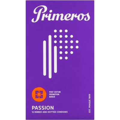 Kondomy Primeros Passion - s žebry, ovocná příchuť, 12 ks Kondomy Primeros Passion - s žebry, ovocná příchuť, 12 ks