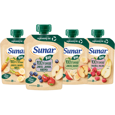SUNAR BIO ovocná kapsička mix příchutí 4m+, 12 x 100 g SUNAR BIO ovocná kapsička mix příchutí 4m+, 12 x 100 g
