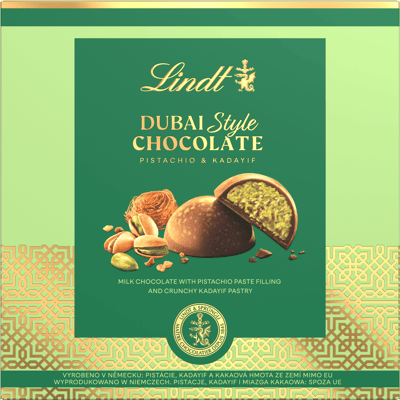 LINDT Dubajské pralinky mléčná čokoláda s pistácii 90 g LINDT Dubajské pralinky mléčná čokoláda s pistácii 90 g