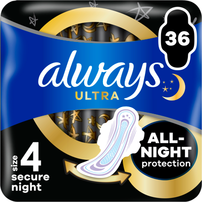 ALWAYS Ultra Secure Night hygienické vložky (vel. 4) s křidélky 36 ks ALWAYS Ultra Secure Night hygienické vložky (vel. 4) s křidélky 36 ks