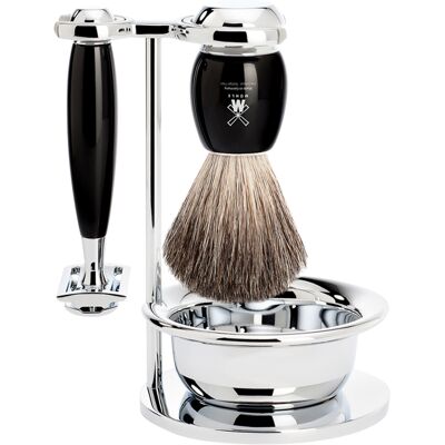 MÜHLE VIVO Sestava na holení-stojánek, miska, strojek s uzavřenou hlavicí, štětka pure badger - černá pryskyřice MÜHLE VIVO Sestava na holení-stojánek, miska, strojek s uzavřenou hlavicí, štětka pure badger - černá pryskyřice