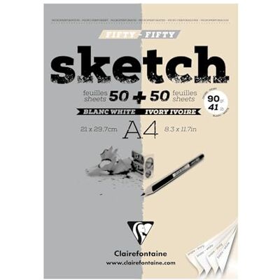 Clairefontaine 96609C kreslicí blok na straně hlavy lepený fifty/fifty, DIN A4, 21 x 29,7 cm, 100 listů, 90 g, tříděný Clairefontaine 96609C kreslicí blok na straně hlavy lepený fifty/fifty, DIN A4, 21 x 29,7 cm, 100 listů, 90 g, tříděný