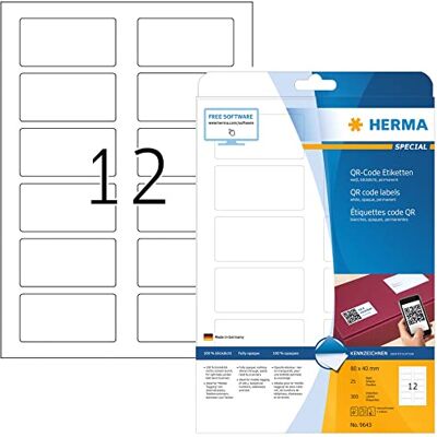 HERMA 9643 QR Code etikety neprůhledné, 25 listů, 80 × 40 mm, 12 archů A4, 300 kusů, samolepicí, potiskovatelné, matné, prázdný papír QR kód lepicí etikety samolepky, bílé HERMA 9643 QR Code etikety neprůhledné, 25 listů, 80 × 40 mm, 12 archů A4, 300 kusů, samolepicí, potiskovatelné, matné, prázdný papír QR kód lepicí etikety samolepky, bílé